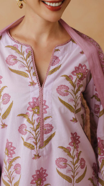 Cotton Lilac Printed Farshi Kurta and Dupatta Set