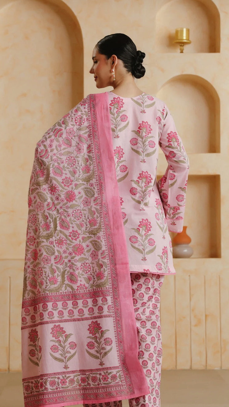 Cotton Pink Printed Farshi Kurta and Dupatta Set