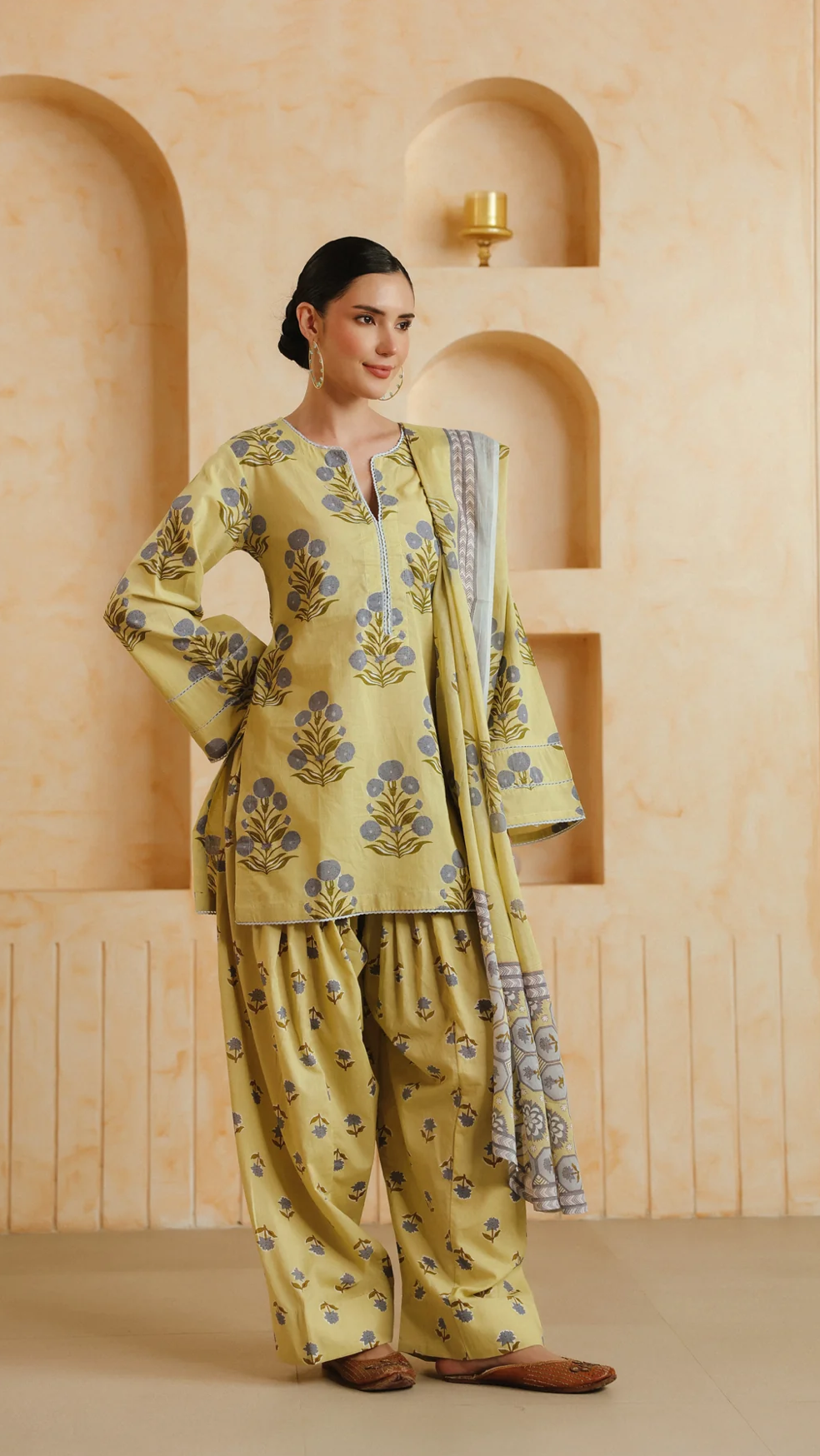 Cotton Yellow Printed Farshi Kurta and Dupatta Set