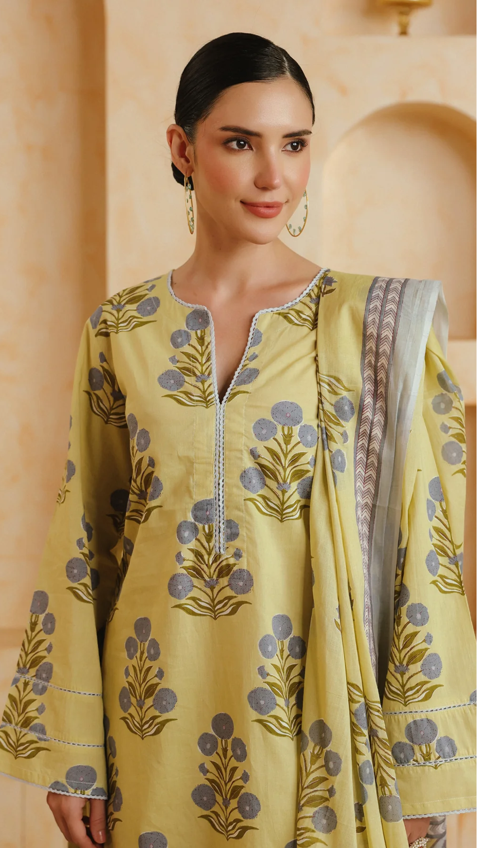 Cotton Yellow Printed Farshi Kurta and Dupatta Set