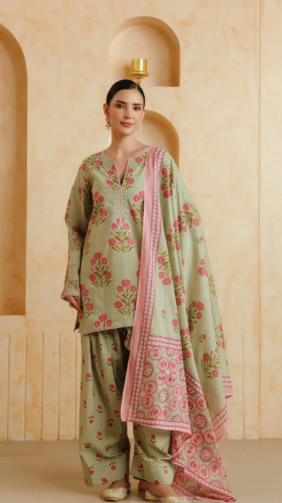 Cotton Green Printed Farshi Kurta and Dupatta Set