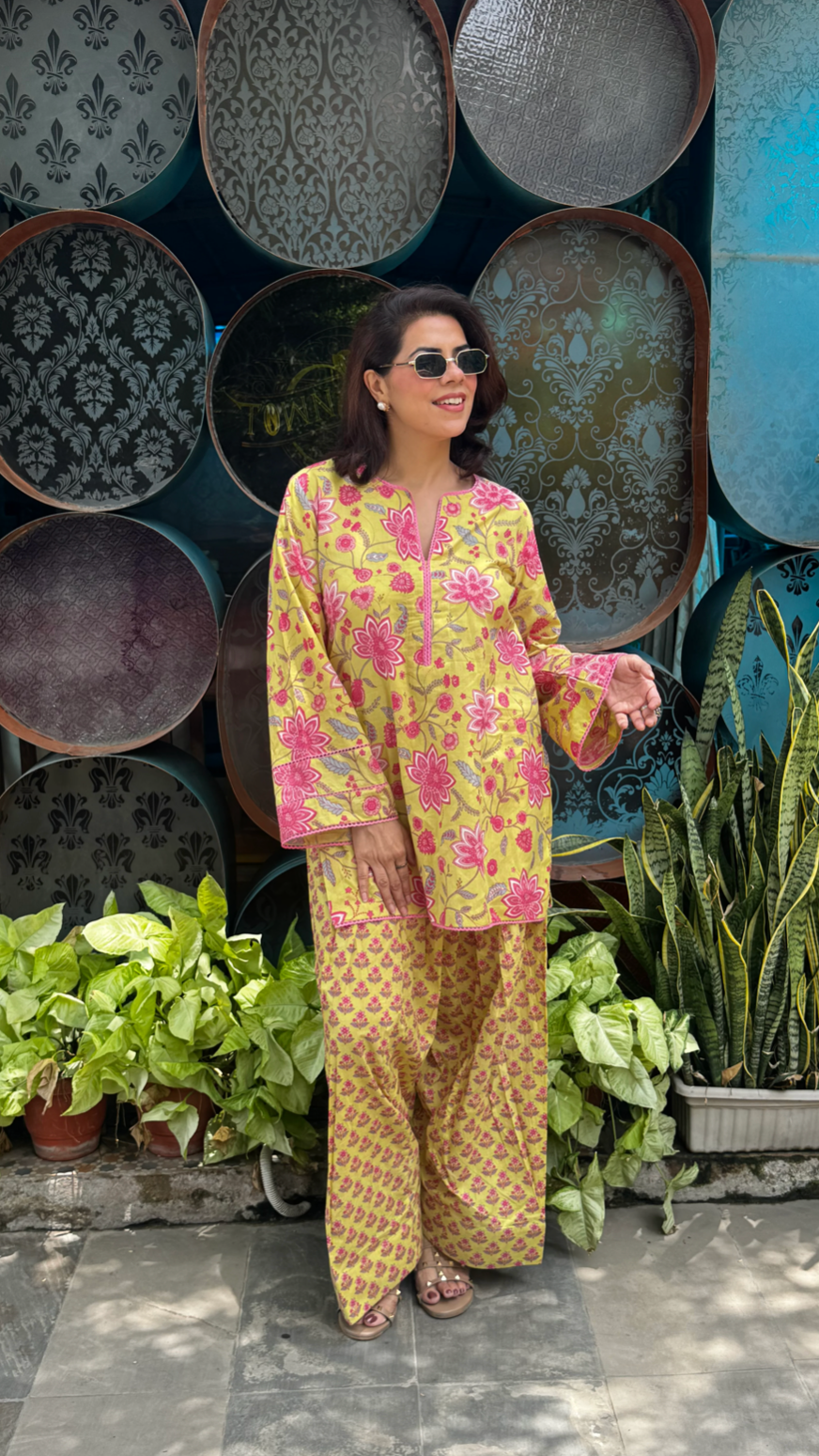 Cotton Lemon Yellow Printed Farshi Kurta Set