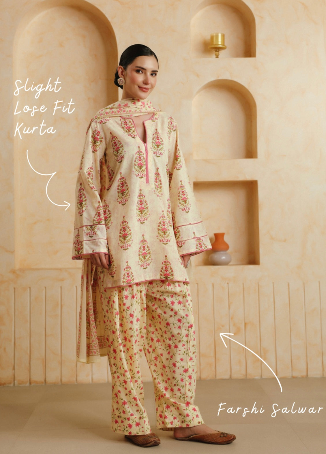 Cotton Cream Printed Farshi Kurta and Dupatta Set