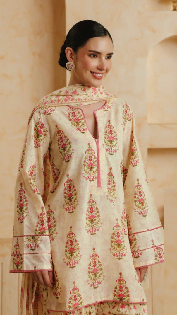 Cotton Cream Printed Farshi Kurta and Dupatta Set