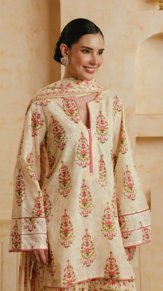 Cotton Cream Printed Farshi Kurta and Dupatta Set