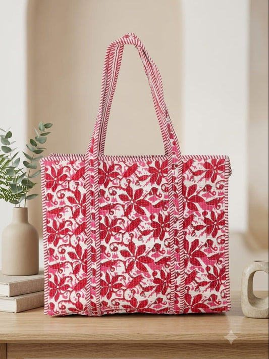 Cotton Red/ White Floral Tote Bag
