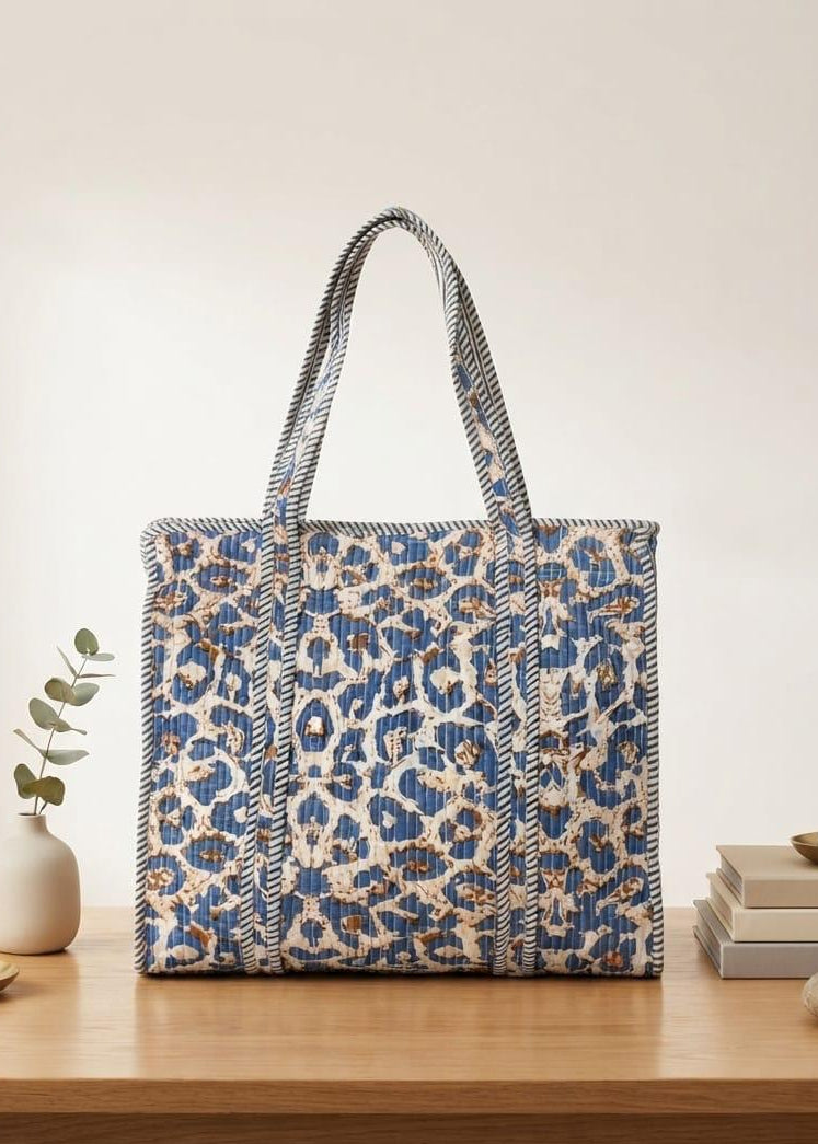 Cotton Blue Ikat Pattern Tote Bag