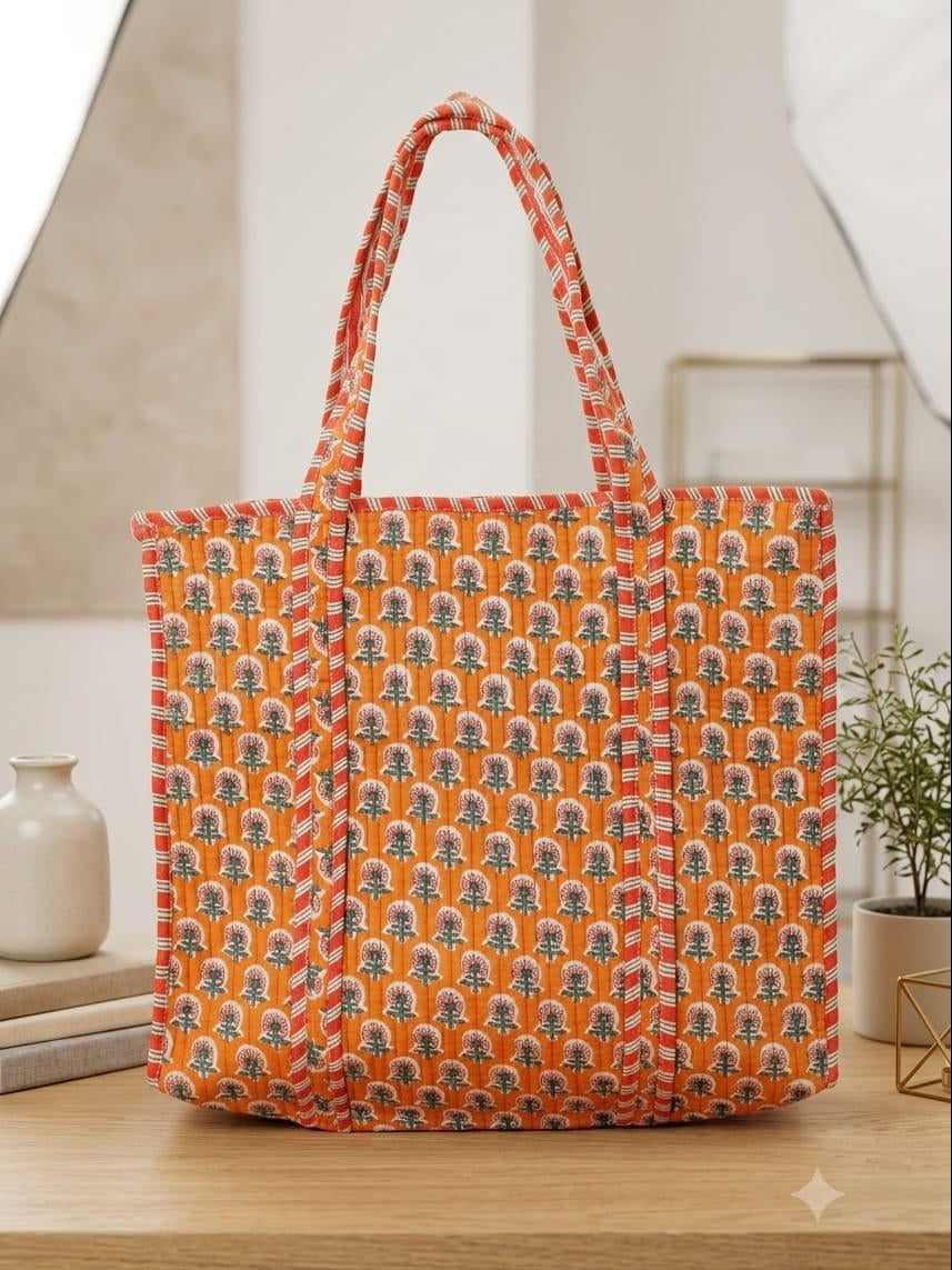 Cotton Orange Floral Tote Bag