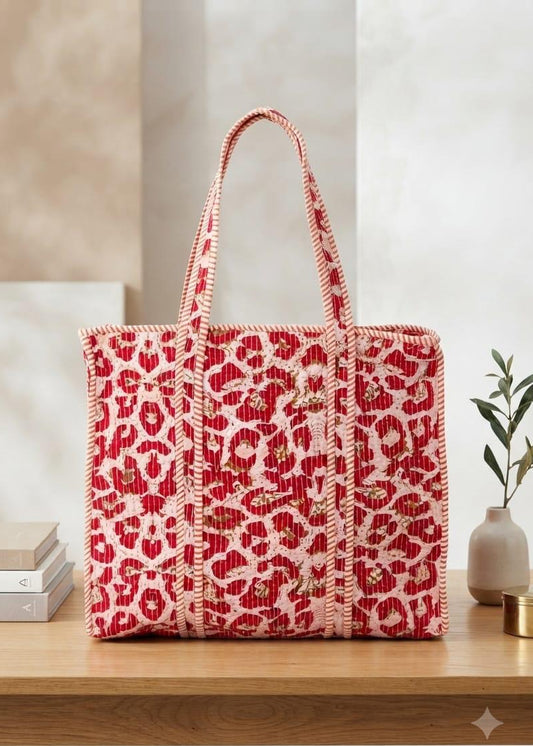 Cotton Red Ikat Pattern Tote Bag