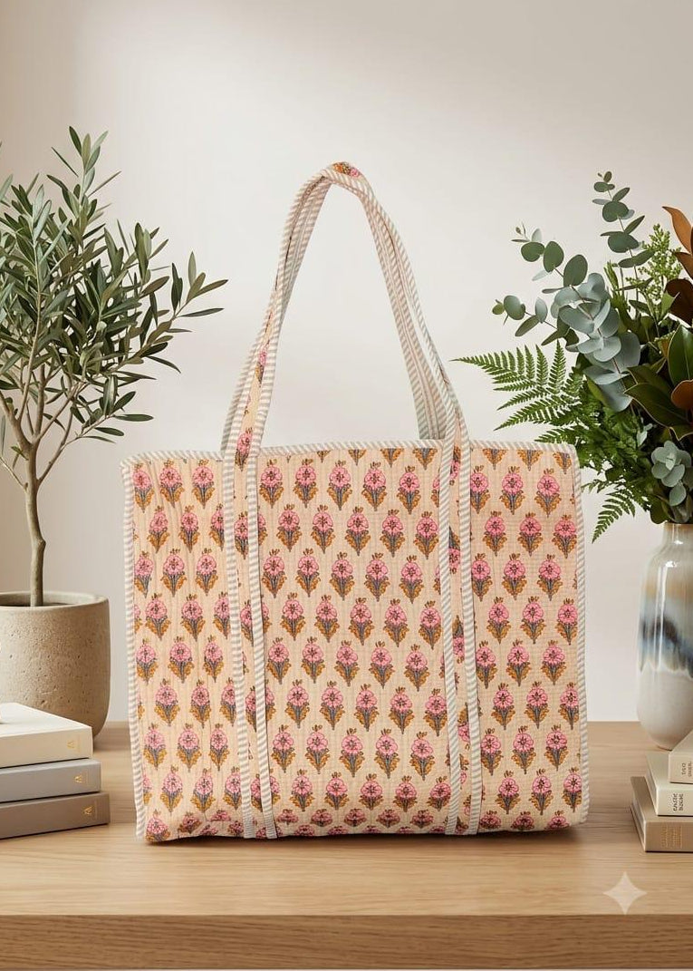 Cotton Beige Floral Tote Bag