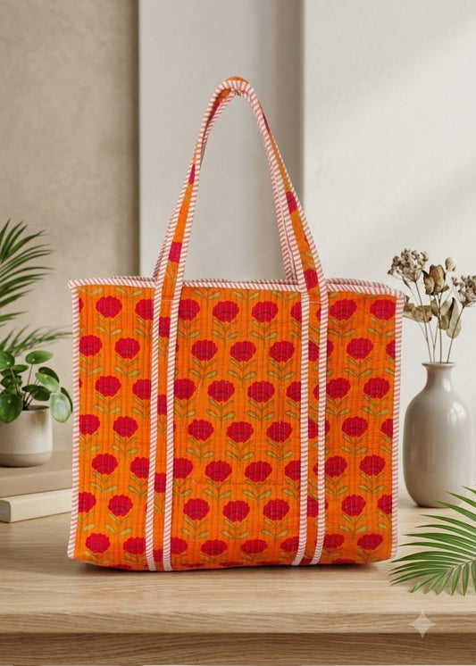 Cotton Orange Floral Tote Bag