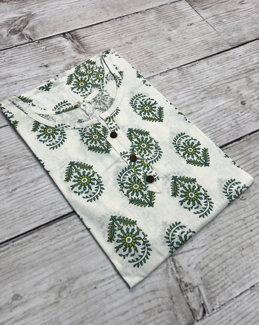 Cotton White/ Green Block Print Kurti