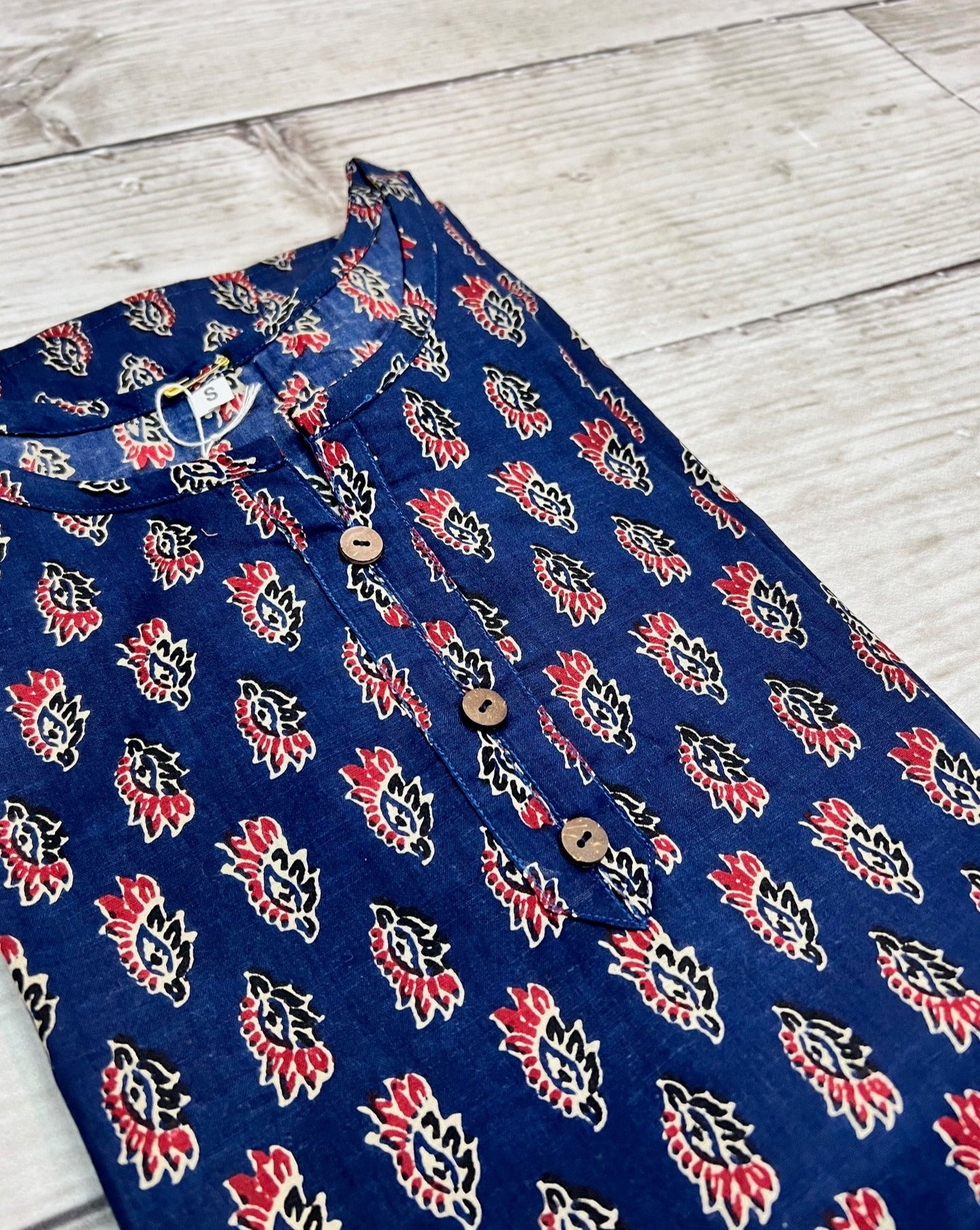 Cotton Blue/ Red Block Print Kurti