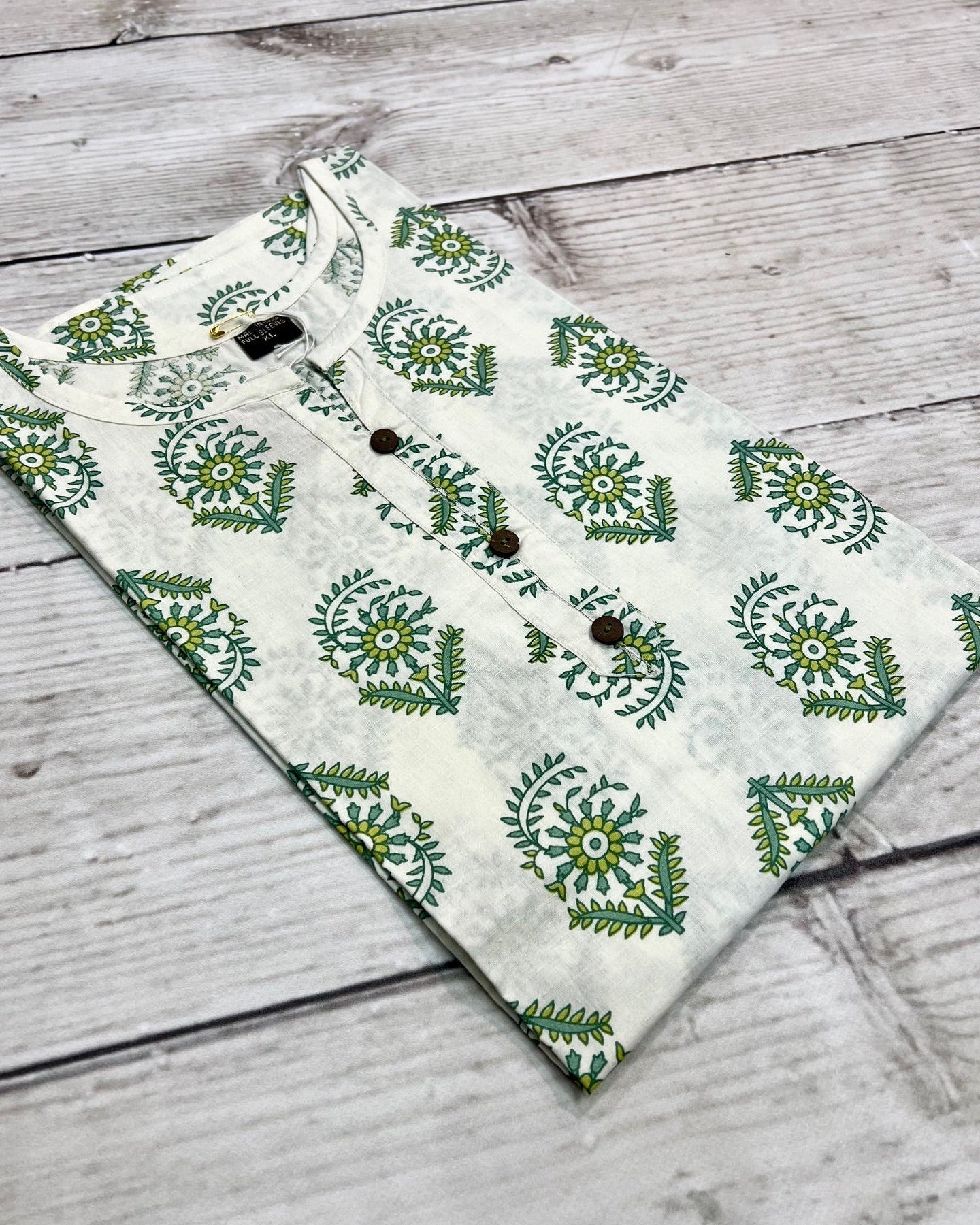 Cotton White/ Green Block Print Kurti