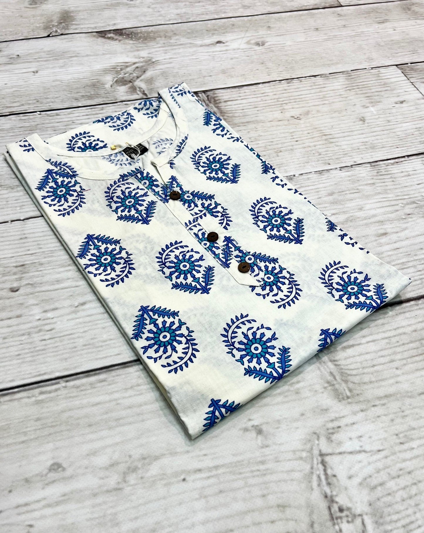 Cotton White/ Blue Block Print Kurti