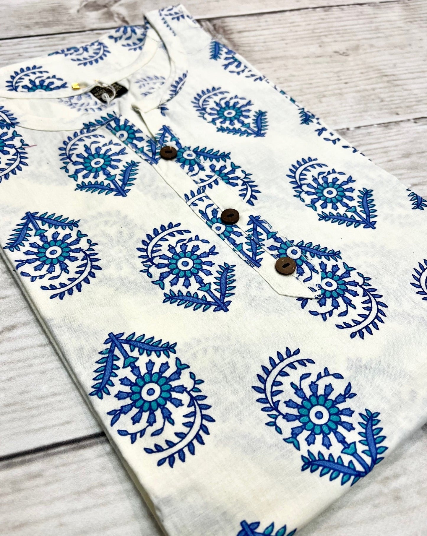 Cotton White/ Blue Block Print Kurti