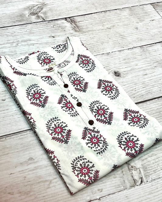 Cotton White Flower Block Print Kurti
