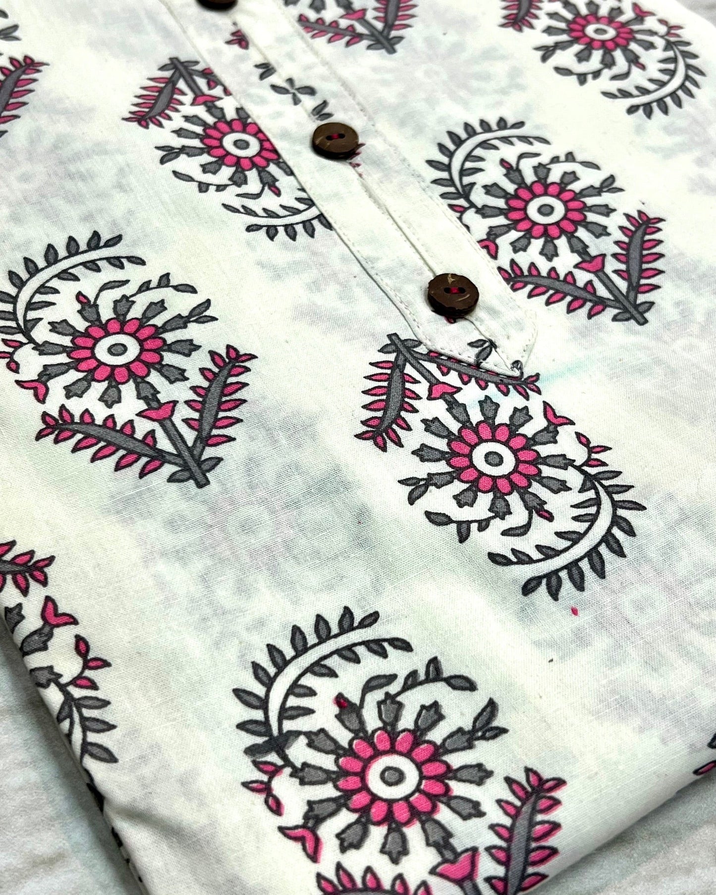 Cotton White Flower Block Print Kurti