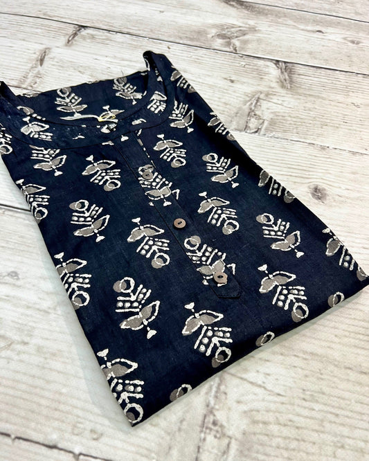 Cotton BLack Flower Block Print Kurti