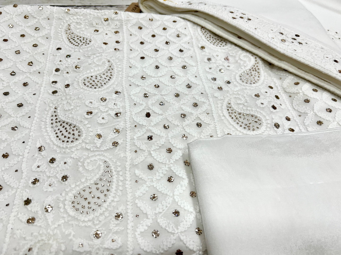 White Crepe Phulkari Unstitched Suit