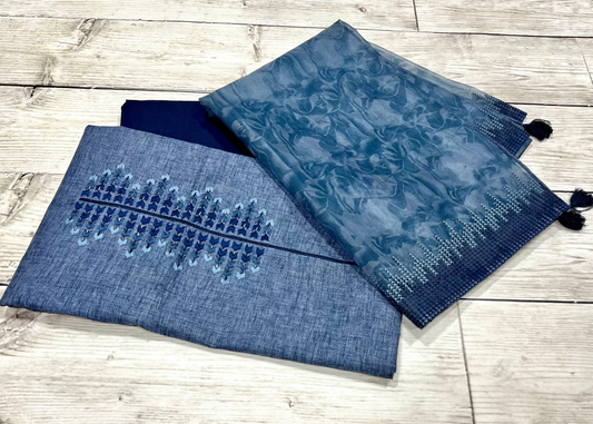 Cotton Silk Blue Embroidery Unstitched Suit