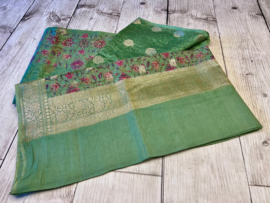 Cotton Silk Green Printed Unstitched Suit