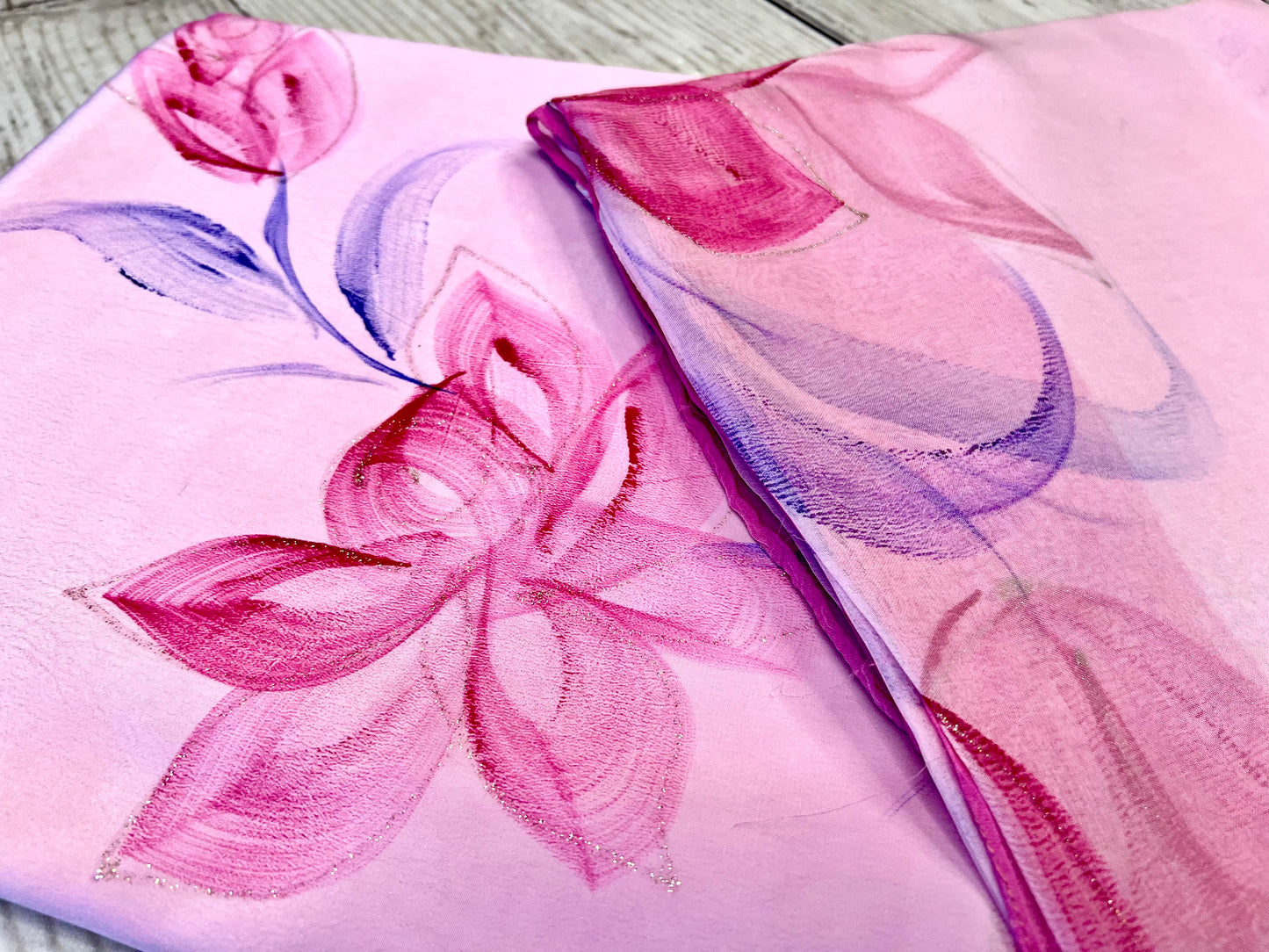 Crepe Pink Flower Hand Painted Unstitched Suit