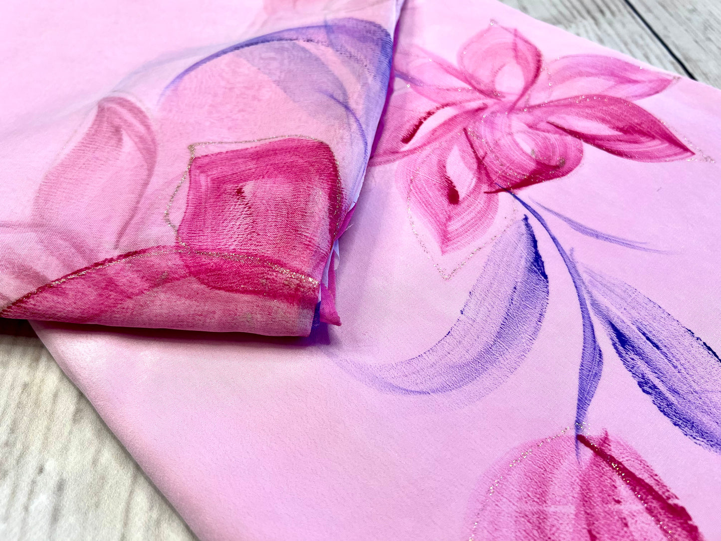 Crepe Pink Flower Hand Painted Unstitched Suit