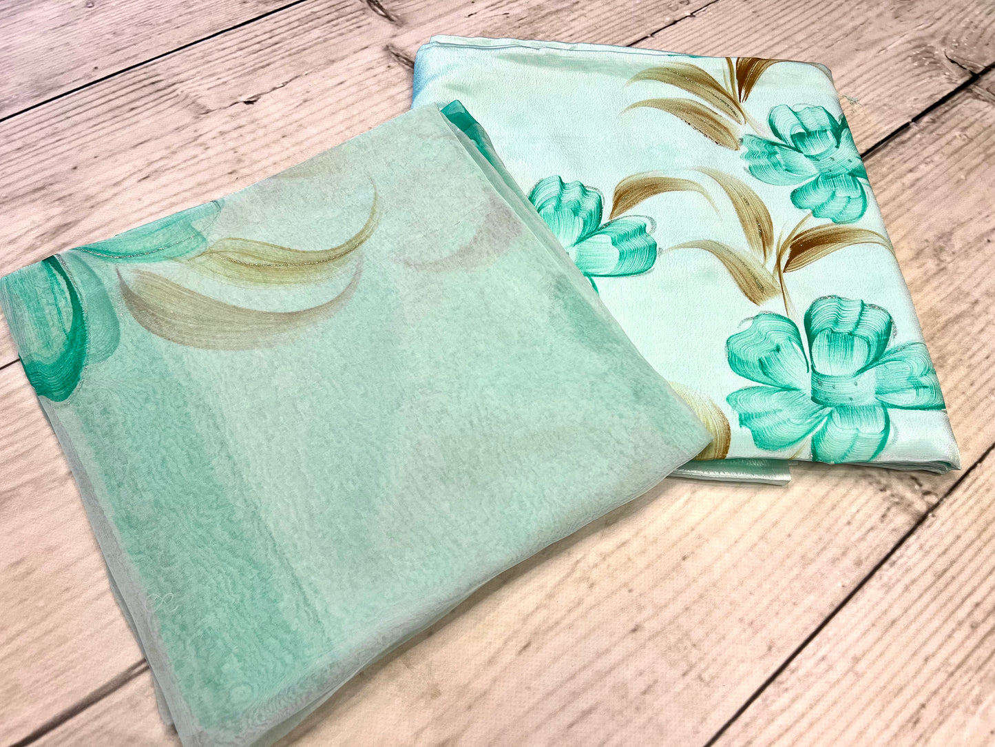 Crepe LIght Green Flower Hand Painted Unstitched Suit