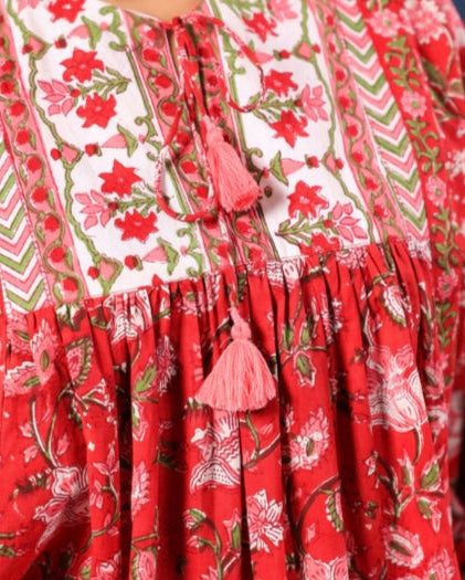 Cotton Red Block Print Kurti