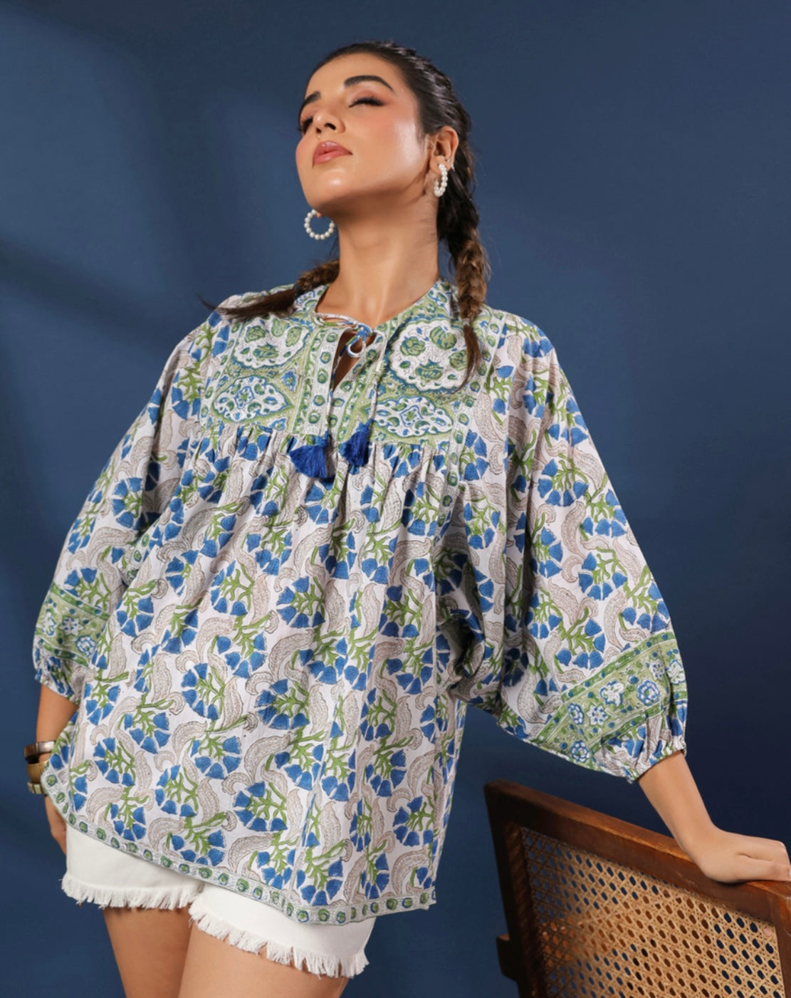 Cotton Grey Flower Block Print Kurti