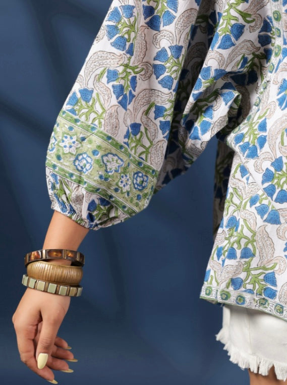 Cotton Grey Flower Block Print Kurti