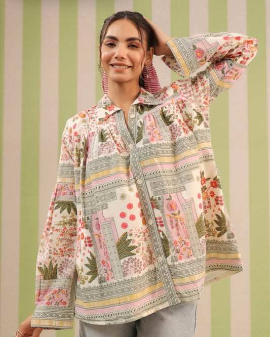 Cotton White Flower Block Print Shirt