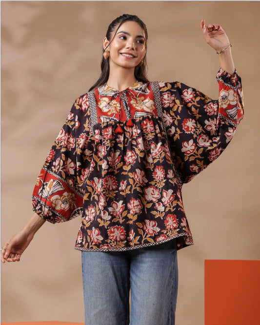 Cotton Black Flower Block Print Kurti