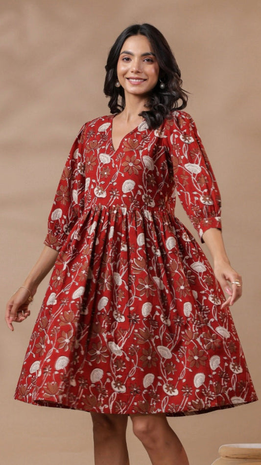 Cotton Rust Flower Block Print Dress