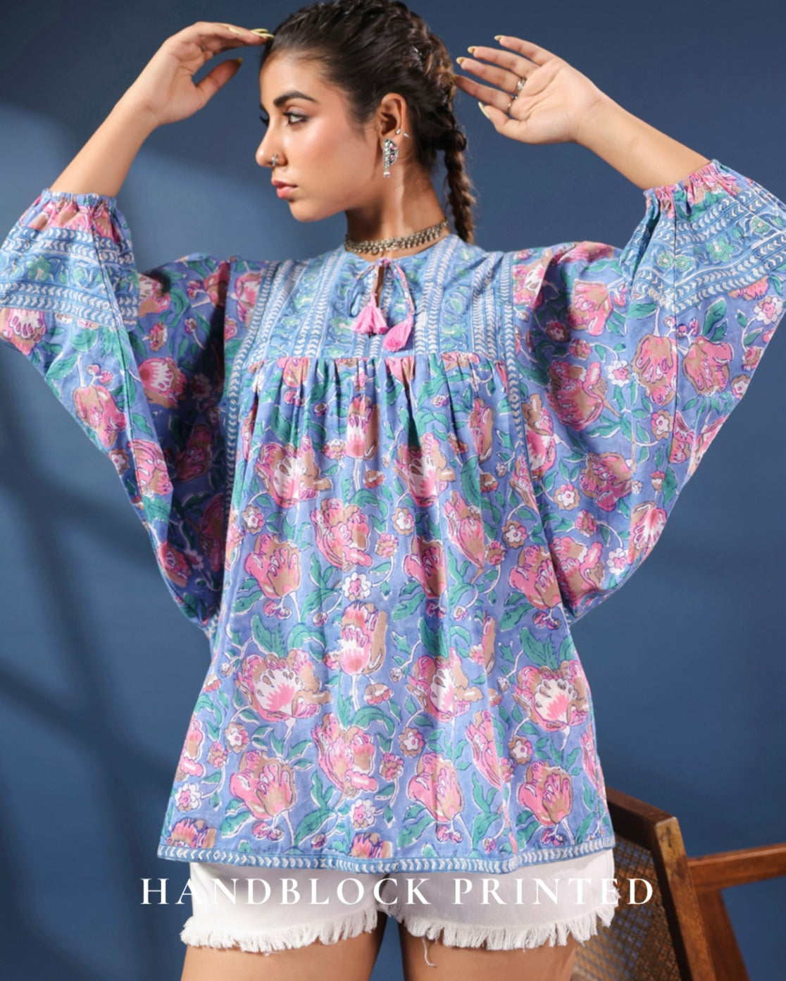 Cotton Blue Flower Block Print Kurti