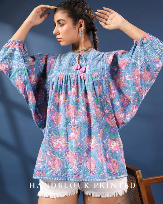 Cotton Blue Flower Block Print Kurti