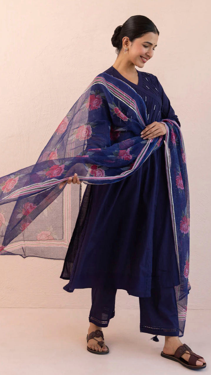 Cotton Midnight Blue Angrakha Kurta Suit