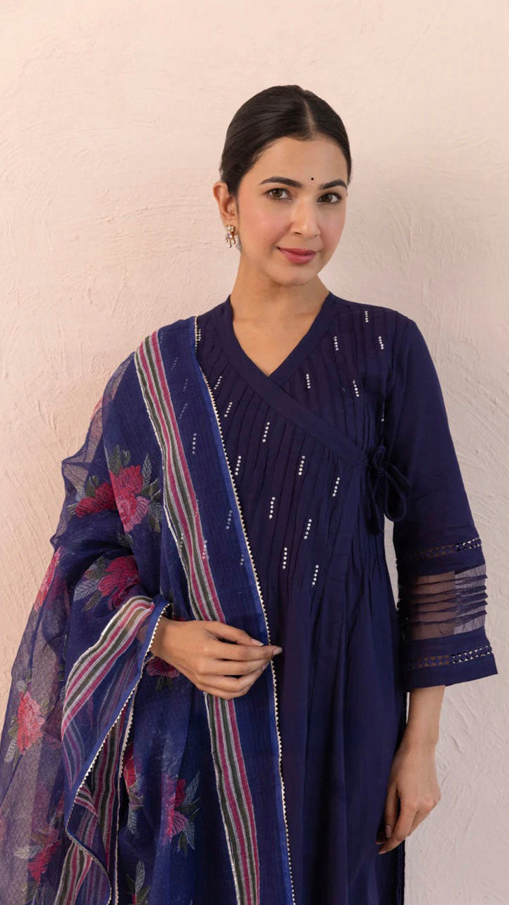 Cotton Midnight Blue Angrakha Kurta Suit