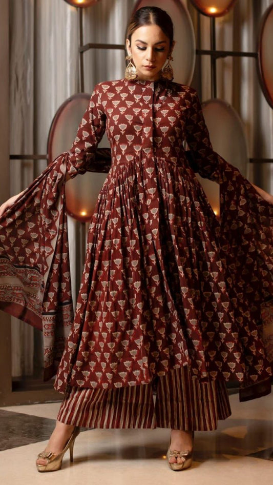 Cotton Burgundy Block Print Suit
