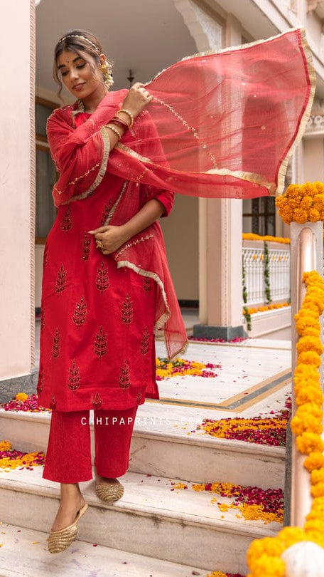 Cotton Red Block Print Suit
