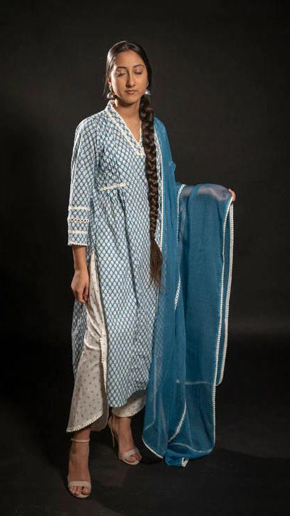 Cotton White/Blue Block Print Suit