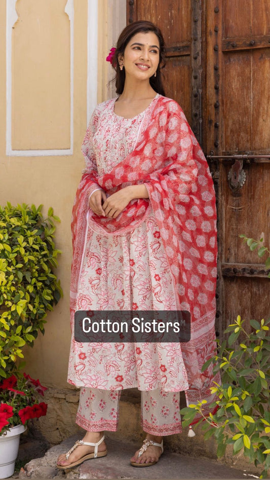 Cotton White/Red Flower Block Print Suit
