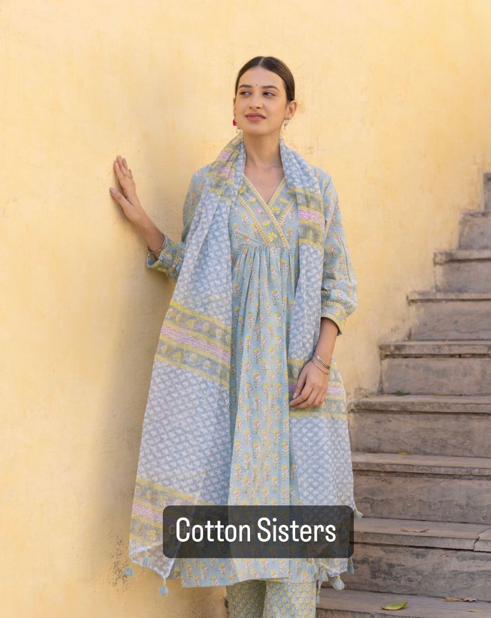 Cotton Blue Block Print Frock Suit