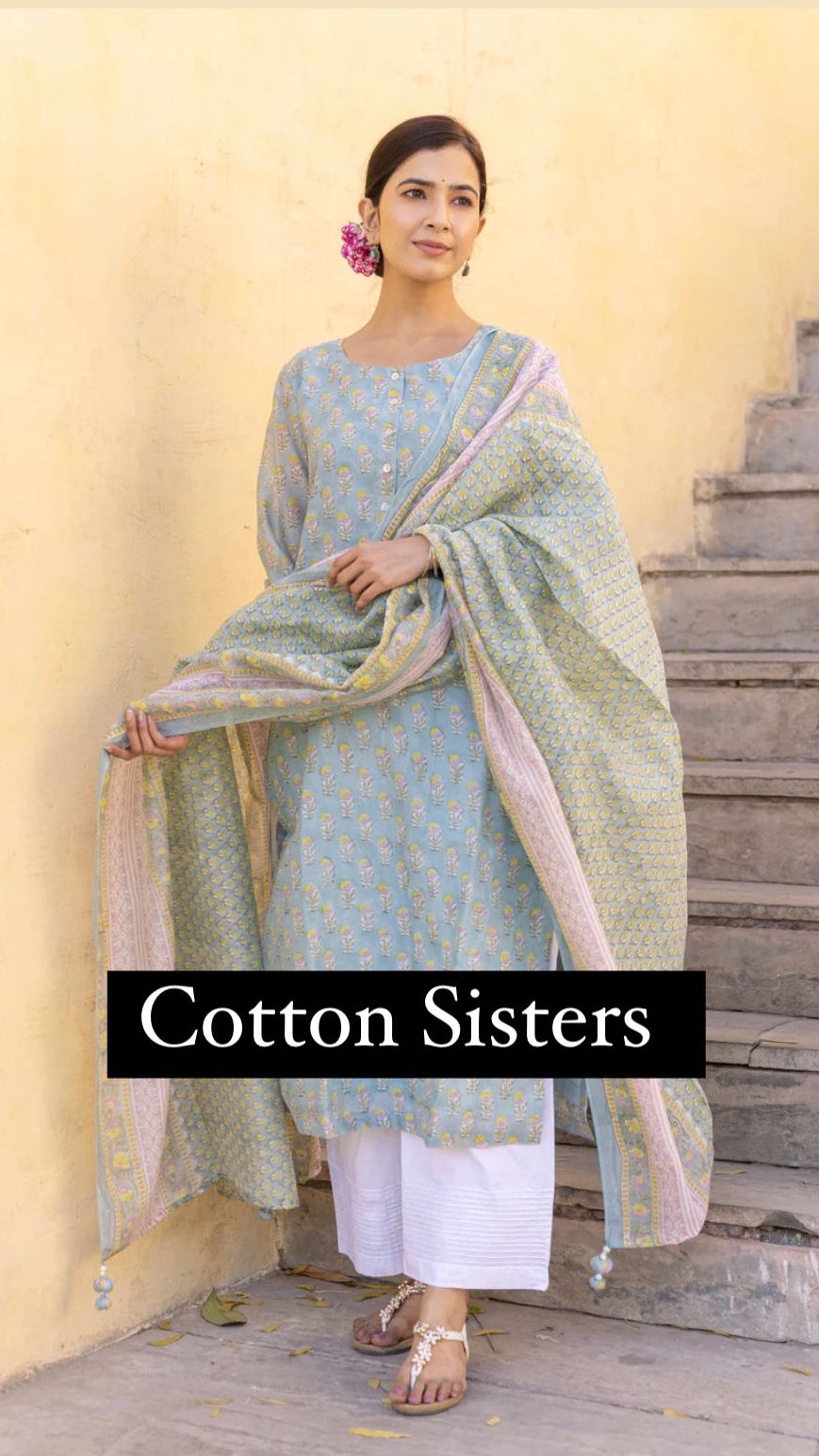 Cotton Powder Blue Block Print Suit