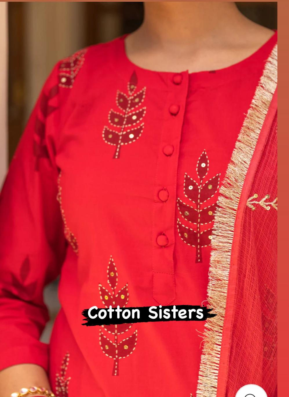 Cotton Red Block Print Embroidery Suit