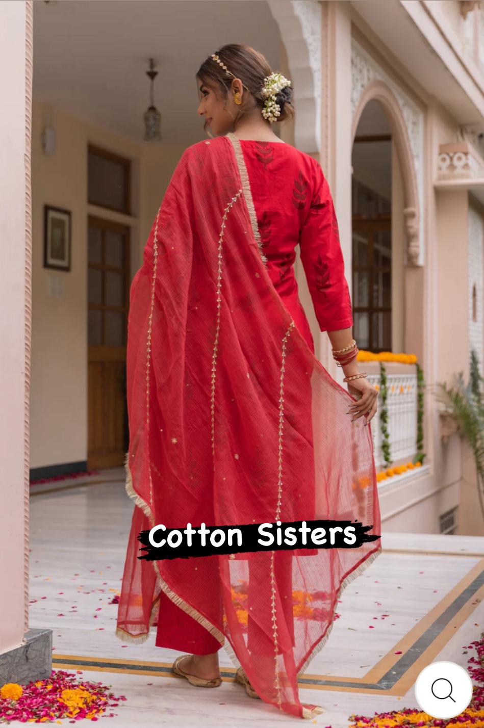 Cotton Red Block Print Embroidery Suit