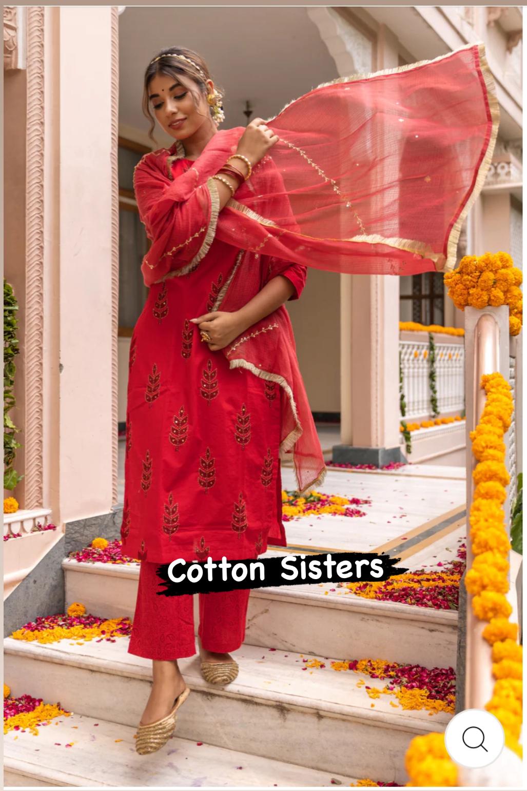 Cotton Red Block Print Embroidery Suit