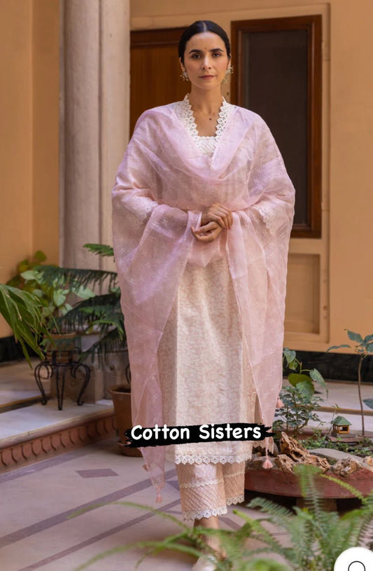 Cotton Cream/ Pink Block Print Suit