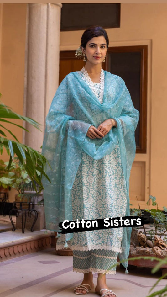 Cotton Sea Green/ Cream Block Print Suit